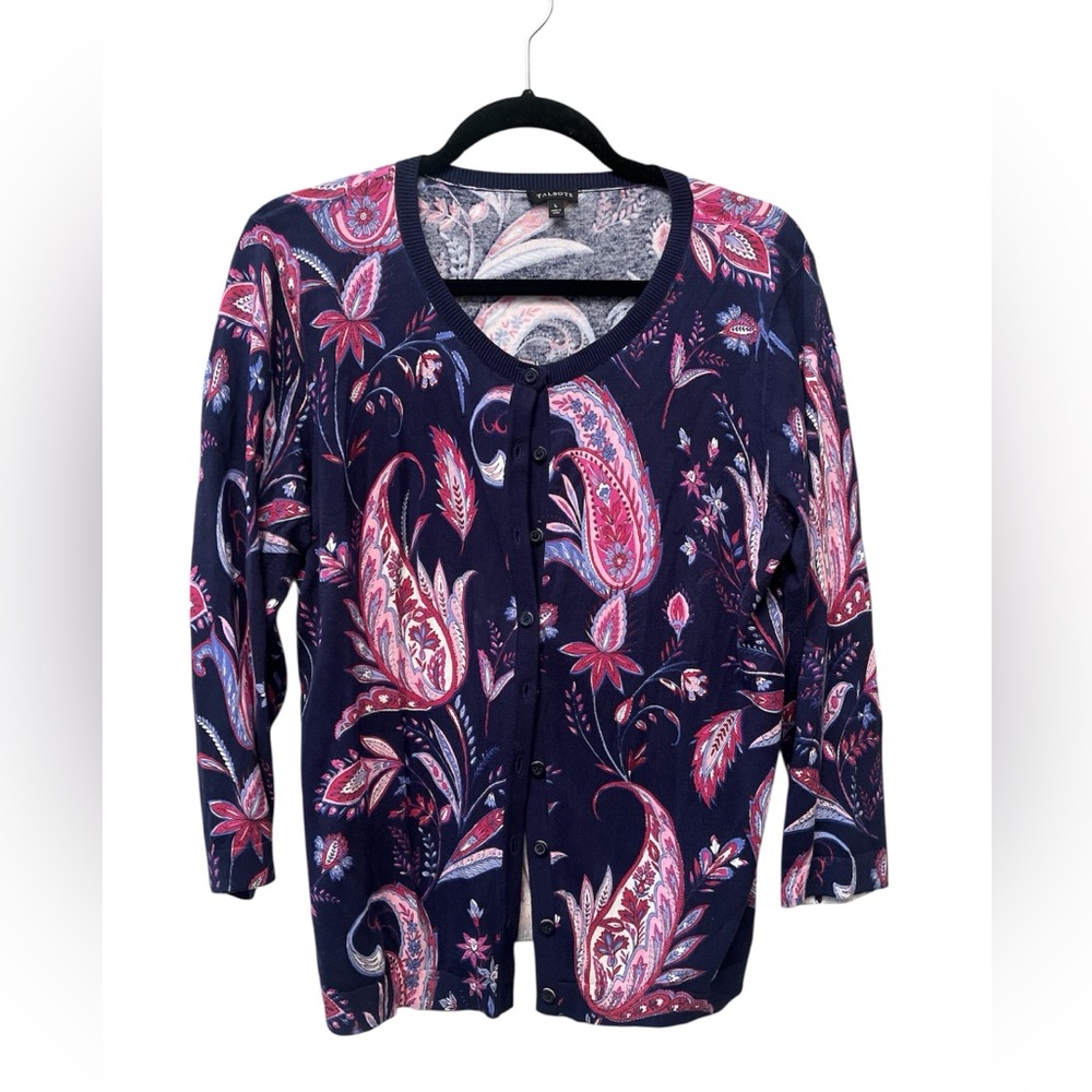 Navy Talbots Paisley Cardigan with Pink and Lilac Accents